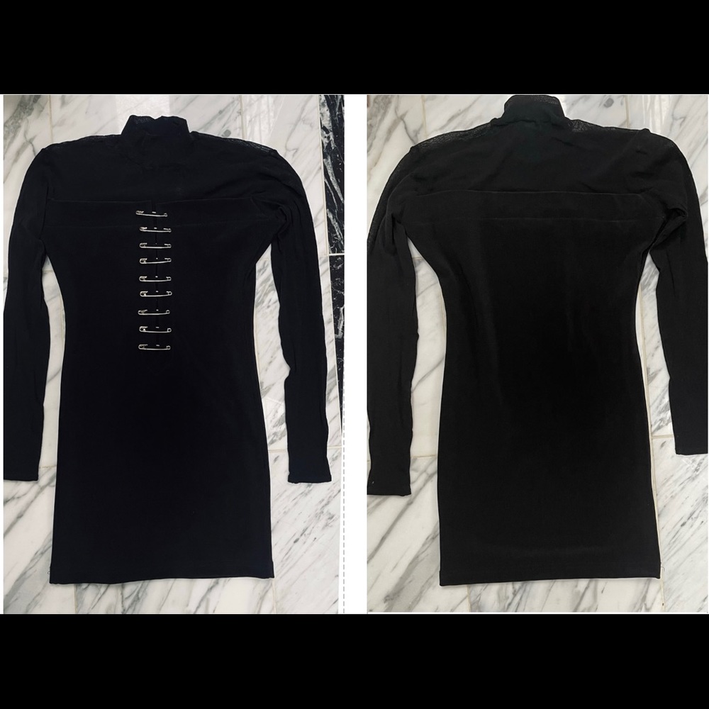 BLACK MINI DRESS WITH SHEER NECKLINE & SLEEVES WITH ACCENTED SAFTY PINS
